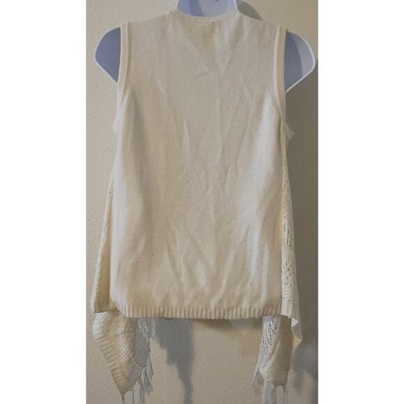 2 Hip By Wrapper Cream Crochet Open Front Knit Cardigan Sweater XL Fringed Boho - Picture 3 of 5